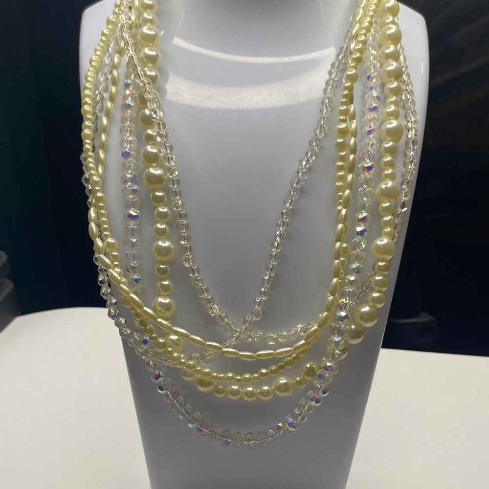 Vintage AB  faux Cream pearl Iridescent multiple strands graduated bead Necklace